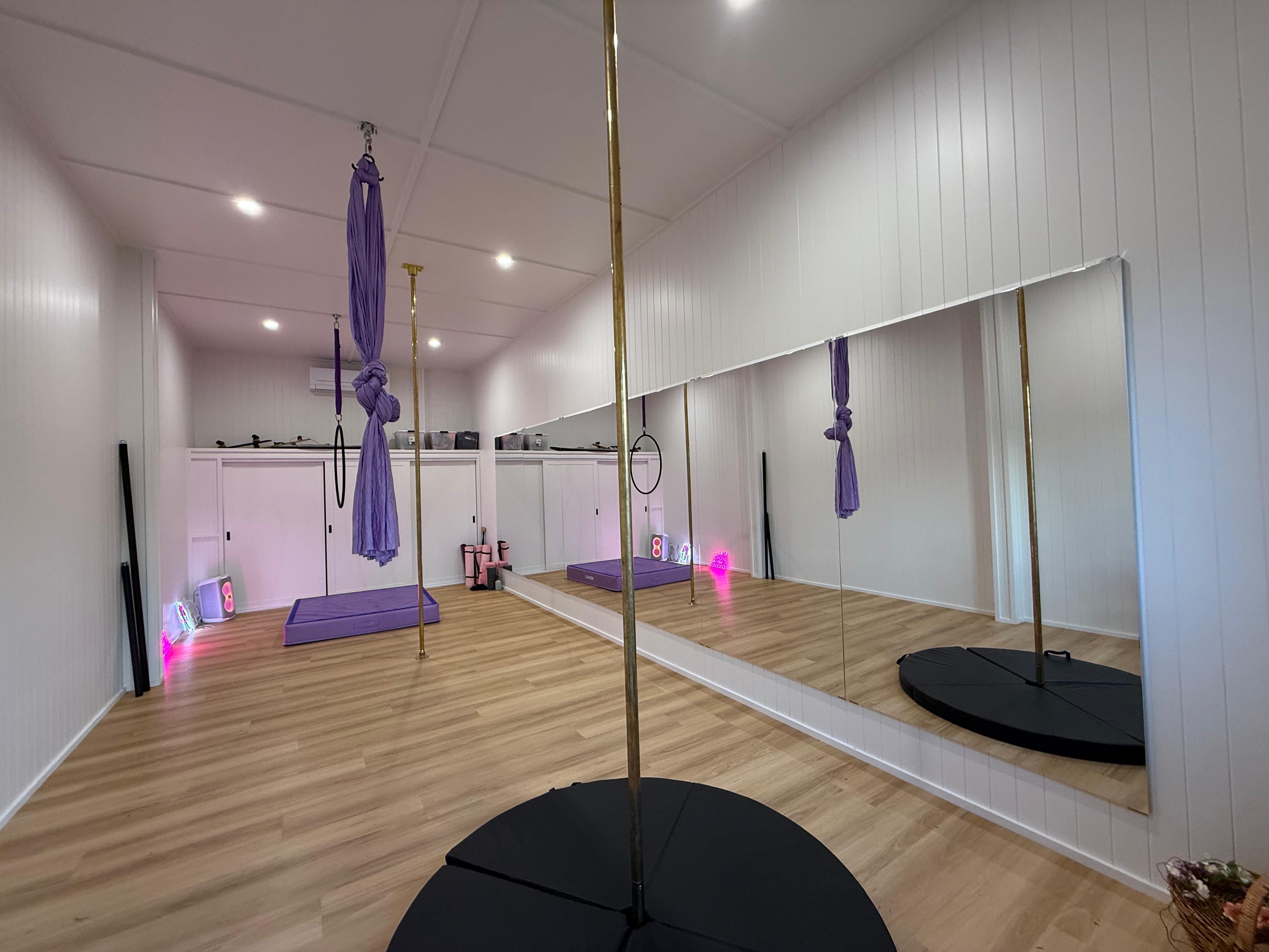 Sunflow studio interior with pole, silks and lyra